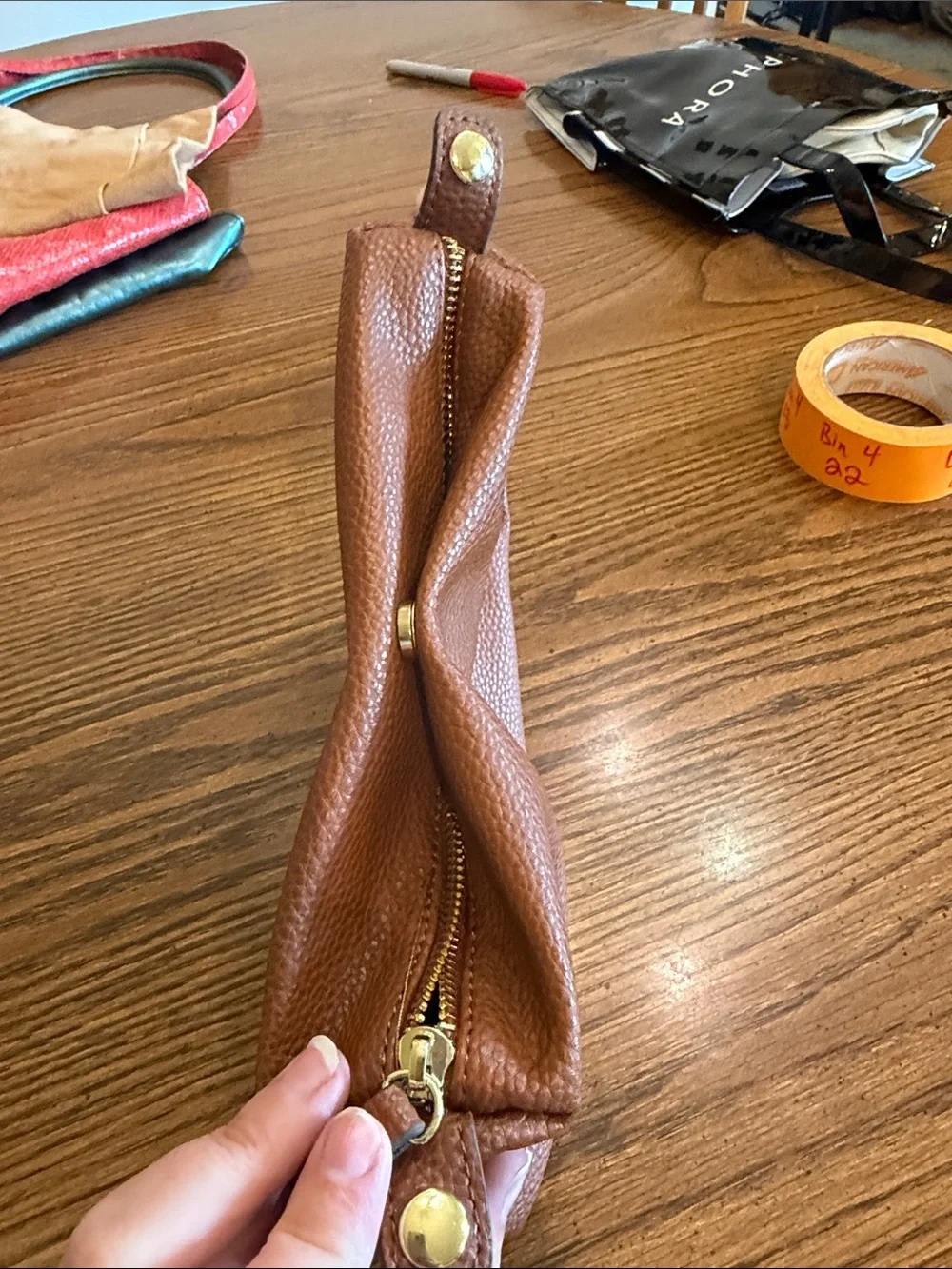 Steve Madden Brown Pebbled Leather Toiletry Pouch with Gold Hardware